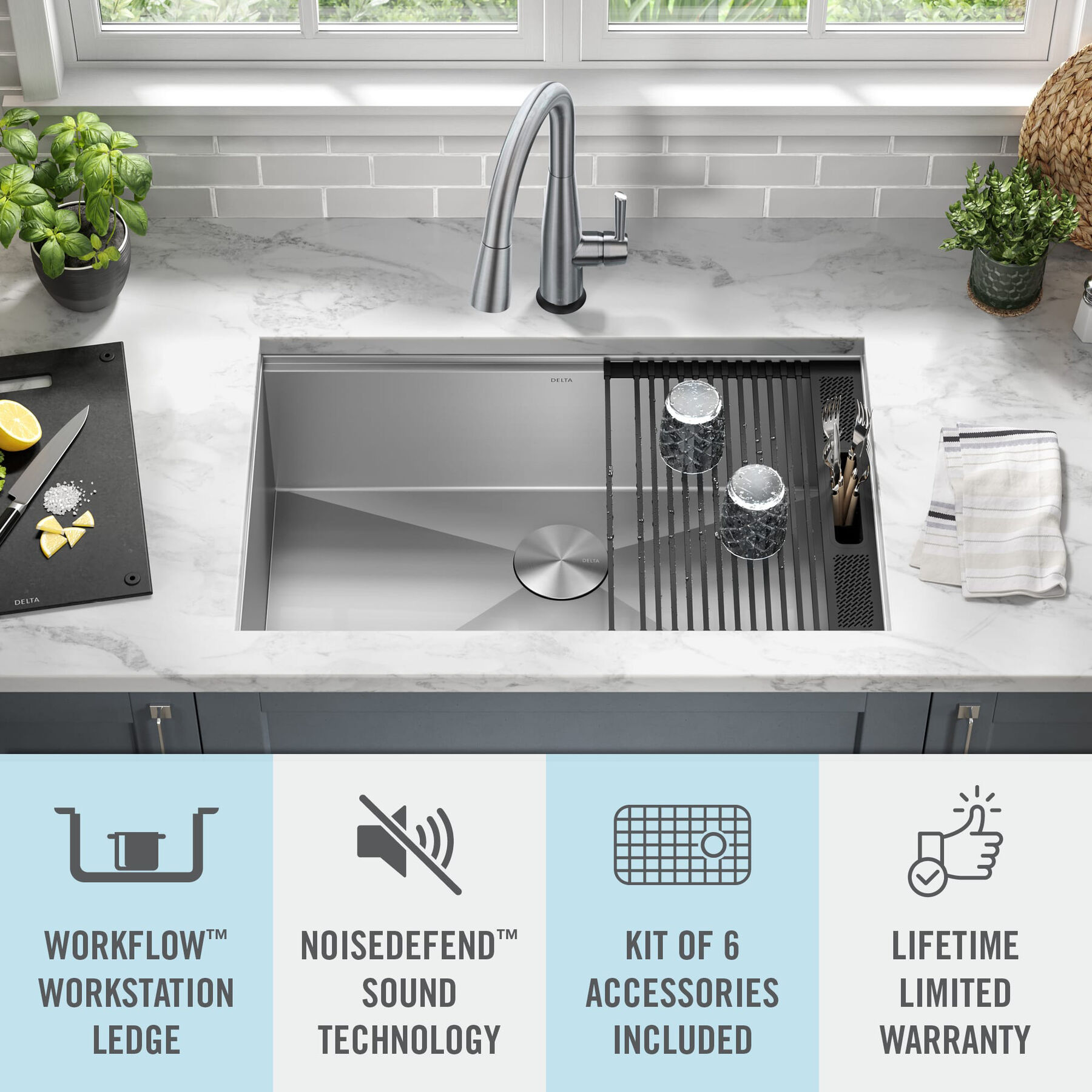 30” Workstation Kitchen Sink Undermount 16 Gauge Stainless Steel Single Bowl with WorkFlow™ Ledge and Accessories, image 17